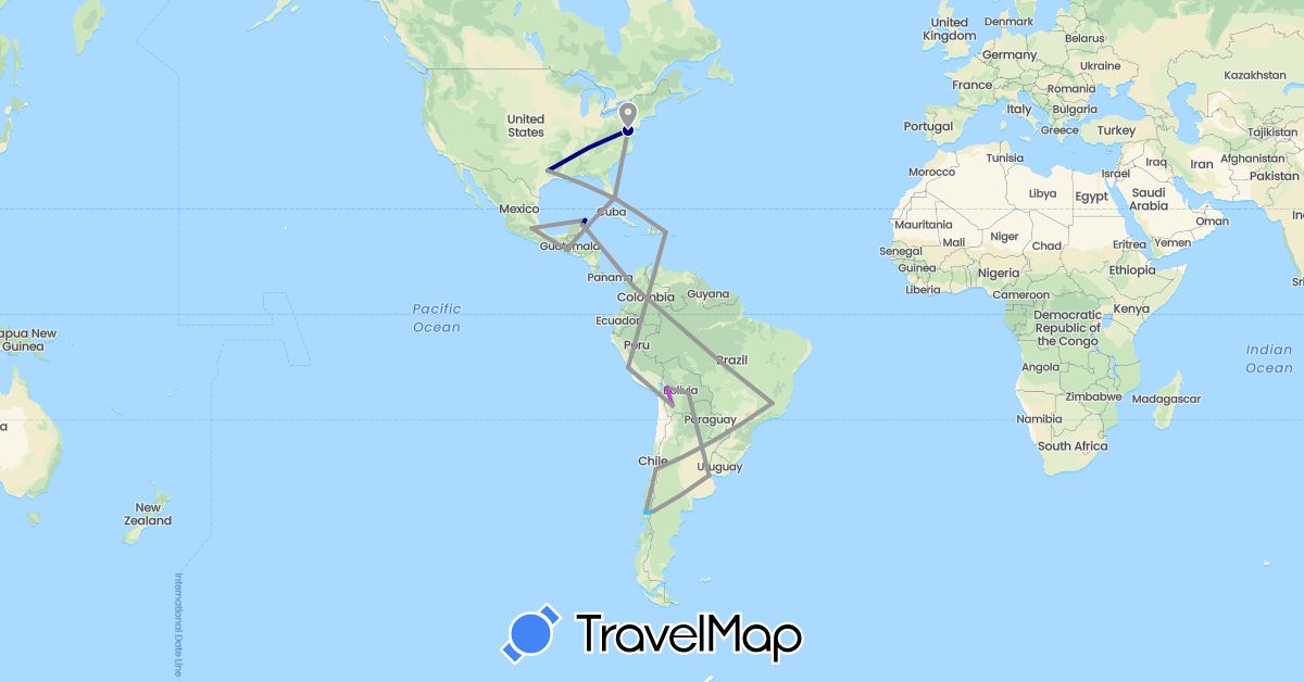 TravelMap itinerary: driving, bus, plane, train, boat in Argentina, Bolivia, Brazil, Chile, Colombia, Dominican Republic, Guatemala, Mexico, Peru, United States (North America, South America)